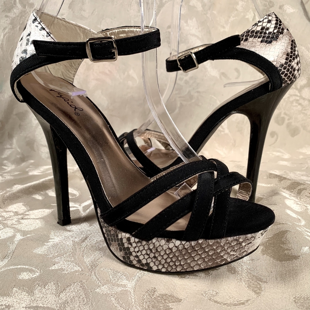 Qupid Black Leather Snake Print Sandals